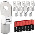 SELTERM 10pcs - 4/0 Awg - 3/8" Stud - Battery Lugs - Ring Terminal Connectors with 12pcs 3:1 Black & Red Heat Shrink Tubing with Adhesive | Heavy Duty Battery Cable Ends - Tinned Copper Wire Lugs Kit
