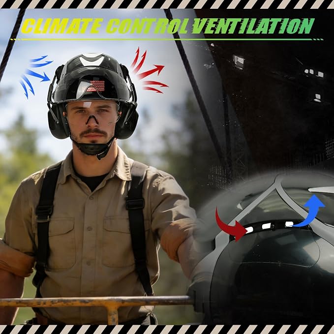 Hard Hat with Dual Visor and Hearing Protection-OSHA Approved Construction Hard Hats with Visor Sunglasses Earmuffs for Men,Vented Forestry Chainsaw Arborist Helmet with Chin Straps