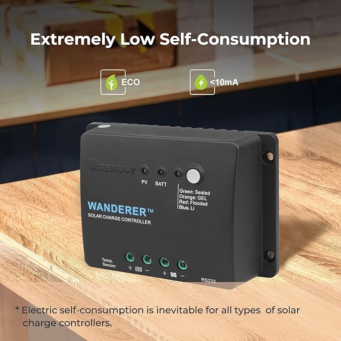 Renogy 12V 30A PWM Solar Charge Controller – Wanderer Li with Temp Sensor, 4-Stage Charging for Lithium/Gel/Flooded Batteries, Overload/Short Circuit/Reverse Polarity Protection