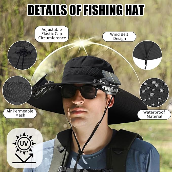 Wide Brim Outdoor Solar Fan Hat, UPF 50+ Fishing Hat for Man with 2 Solar Fan, 3 Modes 180°Rotating Fan Hats