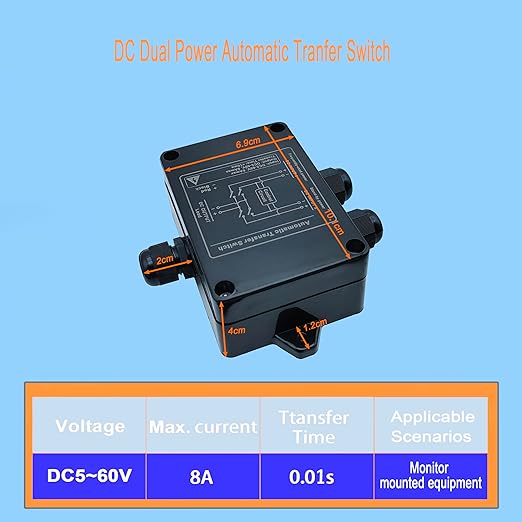 Automatic Transfer Switch DC 5V-60V ATS Auto Transfer Switch Transfer Switchs for Home Generator <10ms for refrigerators, Emergency Lights, etc(bicut DC).