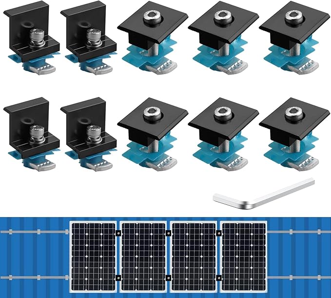 Anbte 10 PCS Solar Panel Mounting Brackets for Unistrut, Aluminium 35mm 6 x T-Shaped Mid Clamps + 4 x End Clamps, Solar Panel Mounting Kit for Metal, Tin, Flat, Sheet Roofs, RV, Black