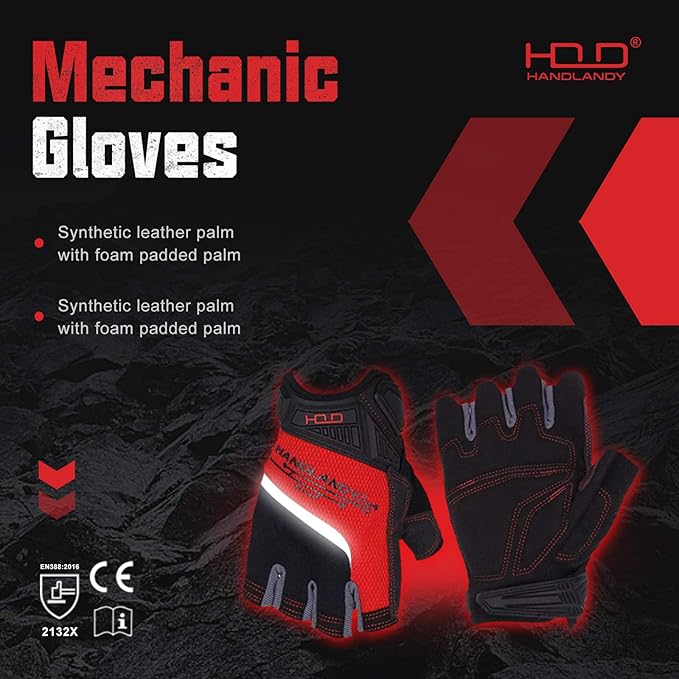 HANDLANDY Fingerless Work Gloves for Men, Half Finger Working Glove Grip Shock-Absorbing Breathable Uwrist TPR Anti-collision Gloves for Mens & Women (L)