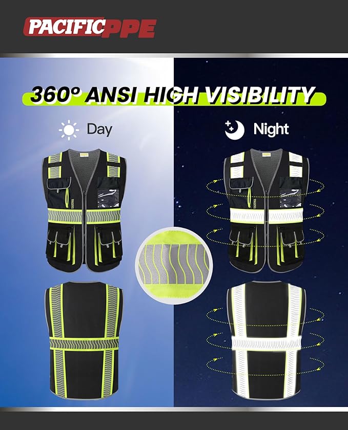 PACIFIC 10 Pockets Class 1 Safety Vest for Men, 3M High Visibility Reflective Strips, Meets ANSI/ISEA Standard, Black, Medium