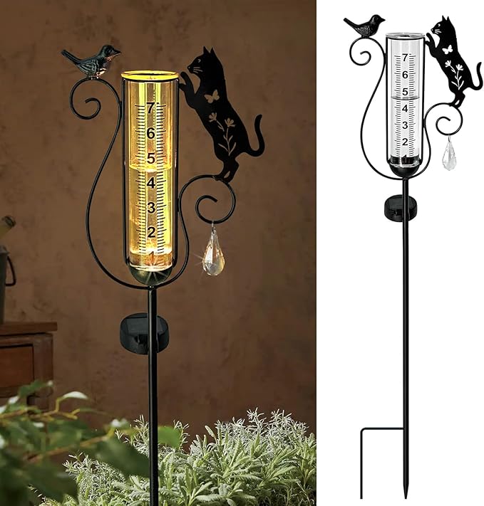 Outdoor rain Gauge Accurate Outdoor rain Gauge Garden rain Gauge with Black Kitten and Bird Solar Light Stake Decorative rain Gauge for Garden Patio Lawn with Large Numbers 37 in Tall
