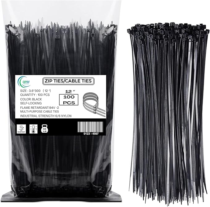 12 Inch Black Zip Ties Heavy Duty 40LB | Industrial Nylon Cable Ties for Cable Management, Automotive, Electrical & Garden Use | UV & Heat Resistant Self-Locking Griplock Ties– 100 Pack by OPM Premium