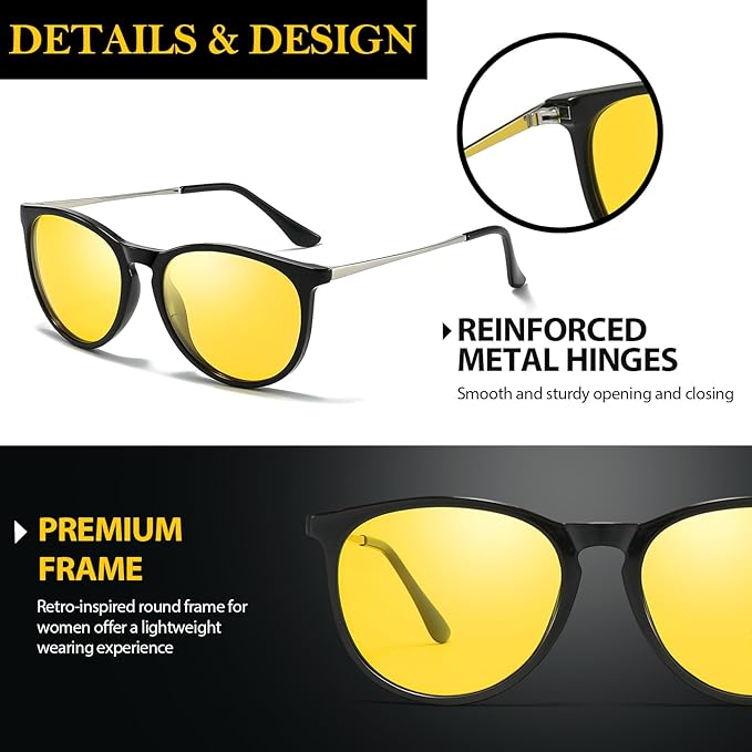 TJUTR Night Vision Driving Glasses for Men & Women, Polarized Anti Glare Yellow Lens Glasses for Night Time Safety TN2582N
