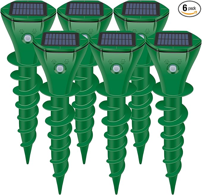 Mole Repellent Solar Powered,6 Pack Ultrasonic Gopher Repeller IP65 Waterproof for Lawn Garden Yard, Sonic Vole Repellent Mole Killer Outdoor Get Rid of Snake Groundhog Chipmunk Squirrels-Green