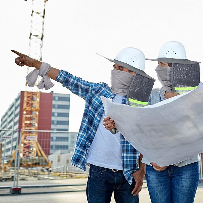 SATINIOR 2 Pcs Sun Hard Hat Neck Protection High Visibility Full Brim Mesh Sun Protection and Neck Gaiter Bandana Face Scarf for Construction Helmet Hard Hat Accessories, Reflective(Grey)