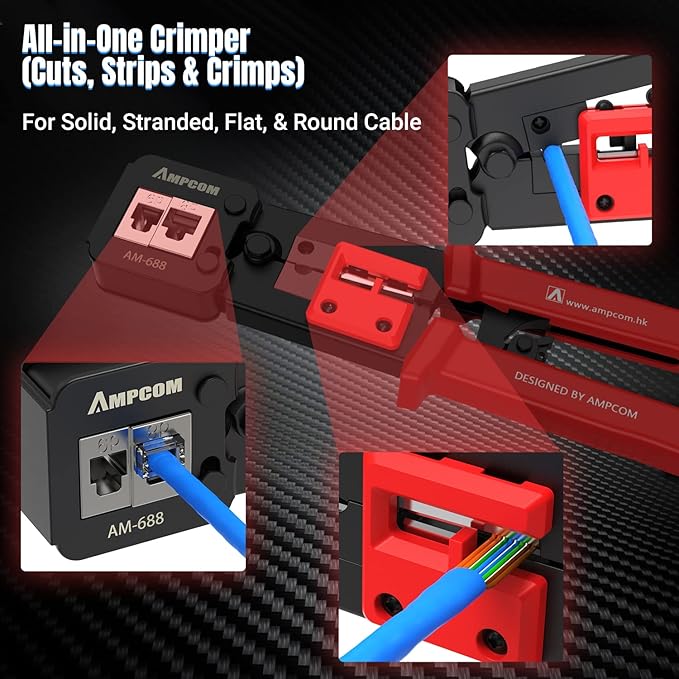 AMPCOM RJ45 Pass Thru Crimping Tool Network Crimper for Pass Through and Regular Type RJ45 RJ12 RJ11 Connector -CAT6/5e（8P8C/6P6C/6P4C)