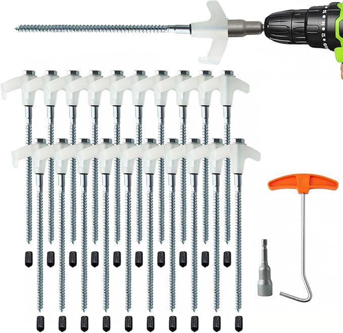 20-Pack Heavy Duty Screw-in Tent Stakes with Drill Adapter – 8 Inch Ground Anchors for Camping, Canopy, Gazebo, Awnings & Outdoor Accessories