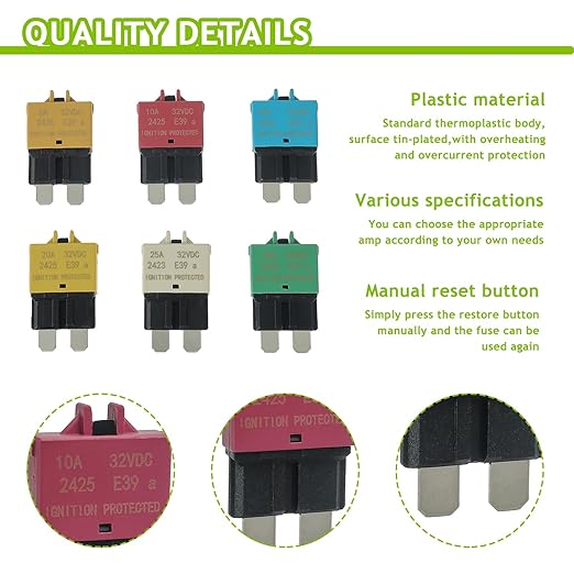 5A 10A 15A 20A 25A 30A DC 12V-32V Manual Reset Circuit Breaker ATC/ATO Low Profile T3 Mini Blade Fuses Breakers for Car Trucks Marine Boat RV Solar and More