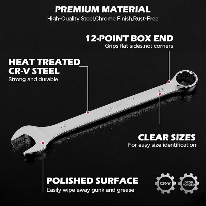 15-Piece Metric Combination Wrench Set, 8–22mm 12-Point Open End and Box End Wrench Kit with Organizer, Chrome Vanadium Steel Tools for Mechanics, Garages and Workshops