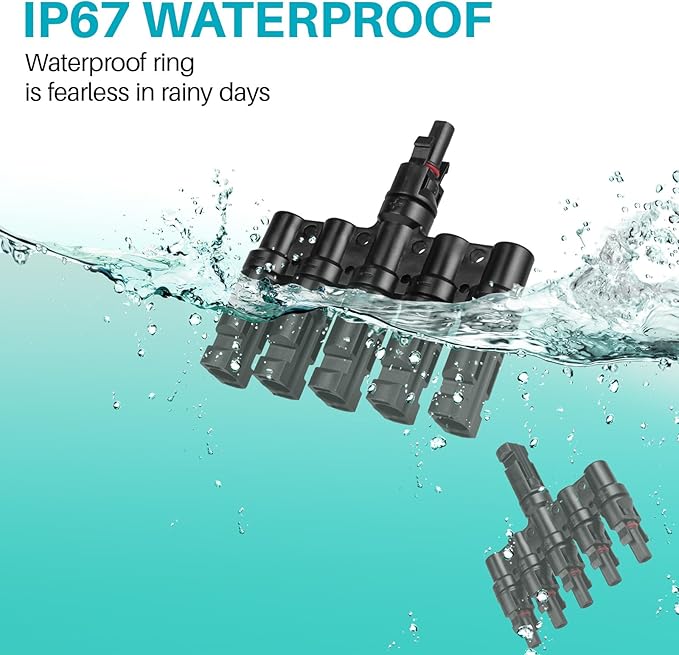 Solar Panel Connector 5 to 1 T Branch Parallel Adapter, 30A 1000V 10AWG Tool-Free IP68 Waterproof Cable for Solar Panels (T Branch, 5to1(1Pairs))