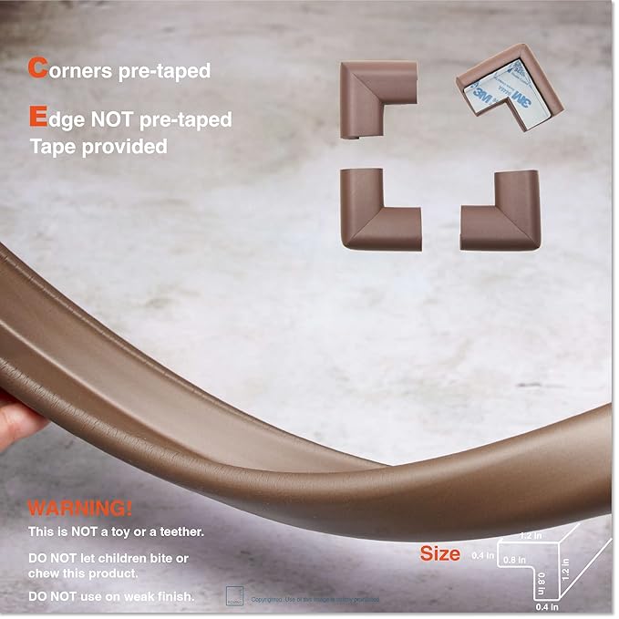 Roving Cove HeftyFit Edge Corner Protector Baby Proofing (Large 15ft Edge 4 Corners), Heavy-Duty, Soft NBR Rubber Foam, Furniture Fireplace Safety Bumper Guard, 3M Adhesive, Coffee Brown
