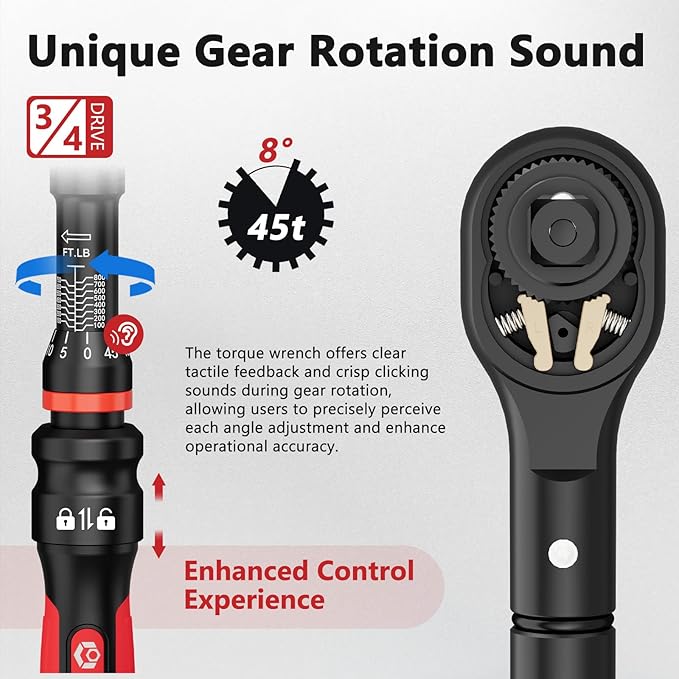 VANPO Torque Wrench 3/4-Inch Drive 100–800 Ft-Lb Heavy Duty Click Type for Construction & Agricultural Equipment – TPR+ABS Handle, ±3% Accuracy, 45-Tooth Ratchet, 48" Long Handle with Case