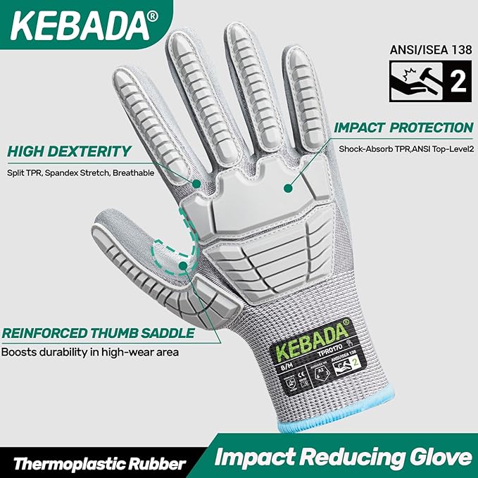 Kebada Impact Protection Gloves, ANSI A2 Cut Resistant Work Gloves with Grip, Touchscreen, Sandy Nitrile Coated