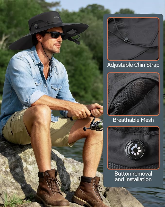 Solar Powered Fan Hat, UPF 50+ Wide Brim Sun Hat, Dual USB-A/USB-C Ports, Fishing Hat with Face Cover, Foldable Fan Hats for Men Women for Outdoor, Hiking, Travel, Mountain Climbing Black