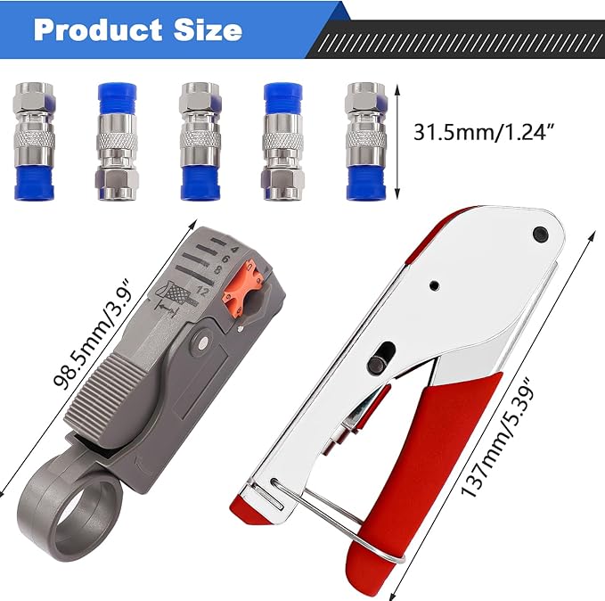 mxuteuk RG59 RG6 Coax Cable Crimper Tool Kit Coaxial Compression Tool Fitting Wire Stripper With 25pcs F Type RG6 Compression Connectors