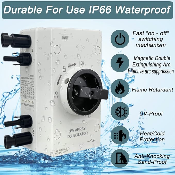 IP66 Solar PV DC Quick Disconnect Switch 64 Amp, 1000V Solar Combiner Box, PV Solar Panel Disconnect Switch with Solar Connector for Solar Power System, Off/On-Grid Solar System, RV and Boats