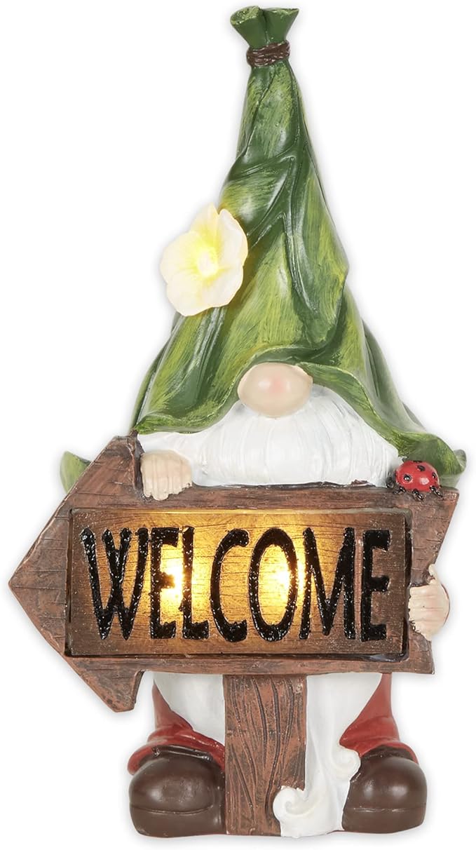 Accent Plus Gnome with Glowing Welcome Sign Solar Statue