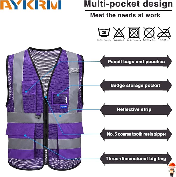 A-SAFETY High Visibility Mesh Safety Reflective Vest with Pockets and Zipper,Hi Viz Work Vest for Men Women (Purple Mesh L)