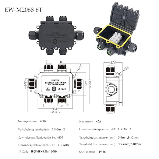 Waterproof Junction Box Outdoor, IP68 6-Way, Black, PA66 Nylon, Includes 4 Sets of Waterproof Rubber Plugs