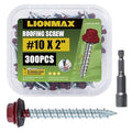 LIONMAX Metal Roofing Screws #10 × 2 Inch, 300-PCS, Dark Red Painted Hex Head Sheet Metal Roof Screws, Rubber Washer, Sharp Point, Metal to Wood Siding Screws, Hex Socket Included