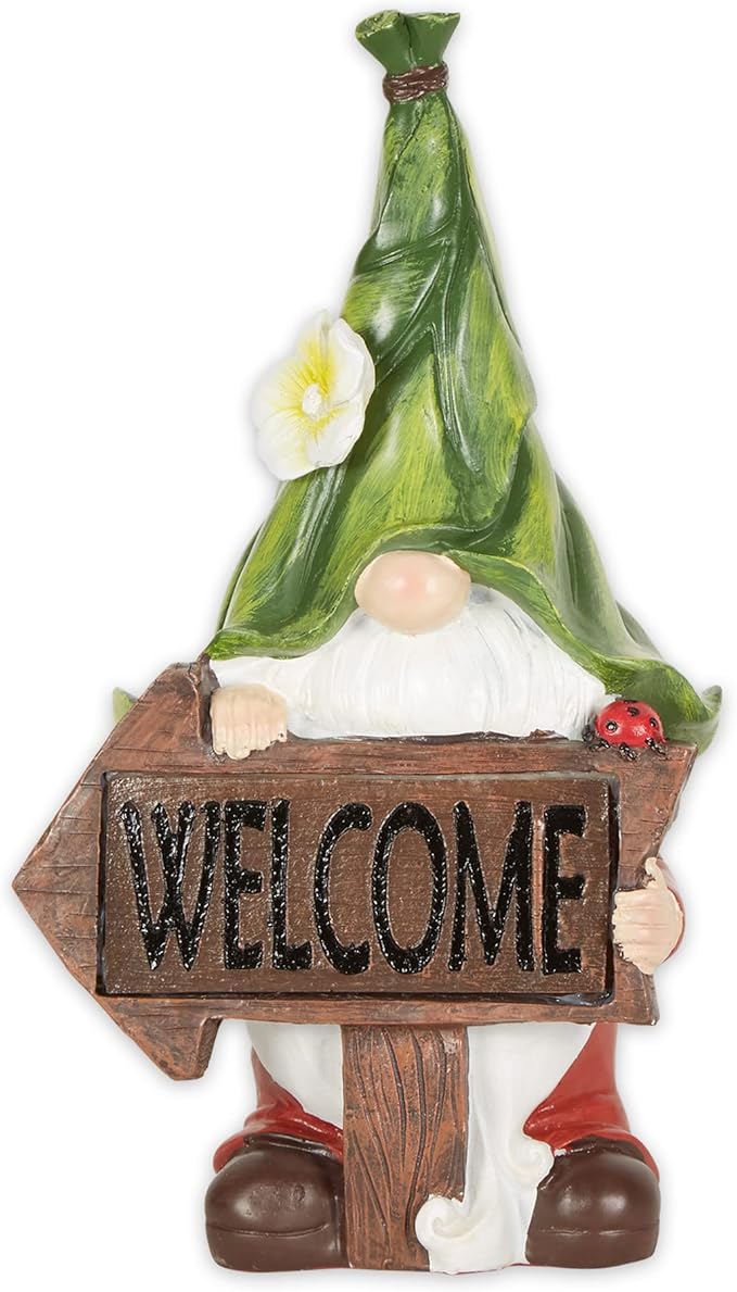 Accent Plus Gnome with Glowing Welcome Sign Solar Statue