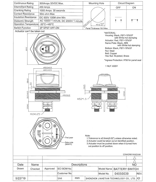 Battery Switch Jtron MAX 12-32V DC 300A Cont 450A INT Battery Power Cut Master Switch Disconnect Isolator for Car Vehicle RV and Boat (ON-OFF/300A).