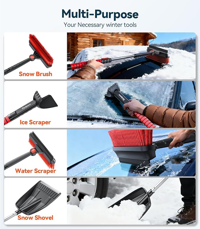All-Around High-Efficiency Cleaning 39 inch Extendable Snow Brush and Ice Scraper with Squeegee, Shovel, Ice Scrapers for Car Windshield, Truck, SUV Snow Removal Tool, Winter Car Accessories