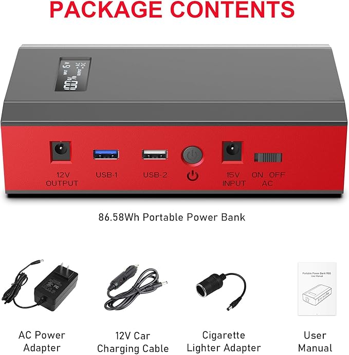 ZeroKor Portable Power Bank with AC Outlet, 65W External Battery Power Pack Portable Laptop Charger Power Source Backup for Outdoor RV Tent Camping Home Smart Device Emergency -Grey Red