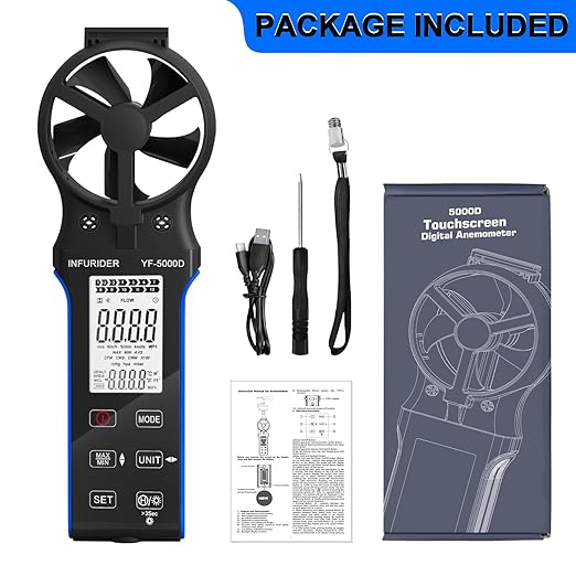 Handheld Anemometer, Anti-dust CFM Meter With Touch Button, Rechargeable Wind Speed Gauge for Air Flow, Chill, Temp Test, Waterproof LCD Backlight
