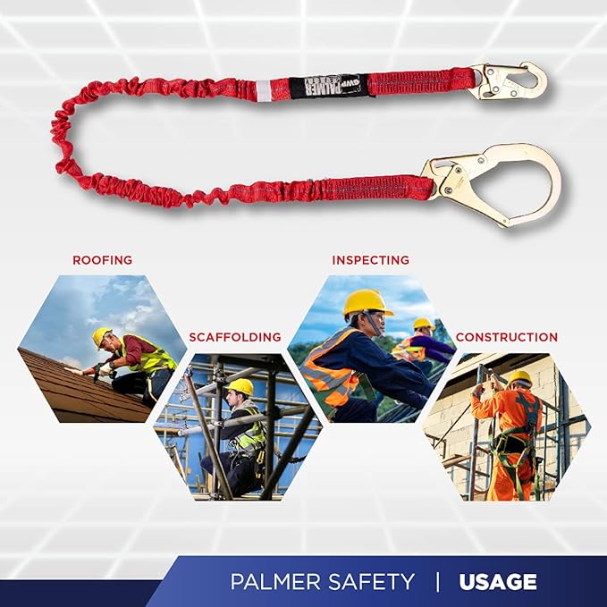 Palmer Safety L122133 6 FT Single Leg Safety Lanyard Internal Shock Absorber w/Pelican Rebar & Snap Hook I OSHA/ANSI Compliant Restraint Lanyards