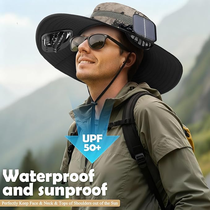 Berlune Men Sun Hat with 2 Solar Fans Wide Brim Outdoor Fishing Hat USB & Solar Powered for Sun Protection Camping Hiking
