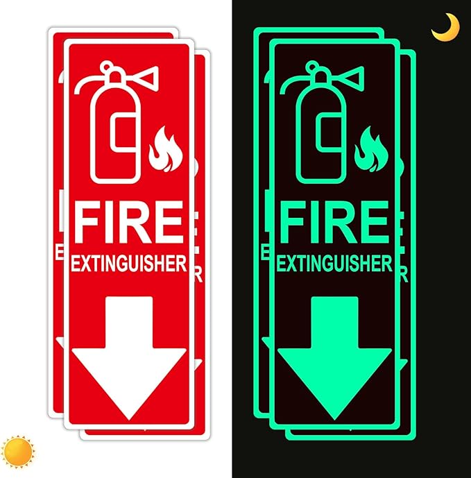 Fire Extinguisher Sign Sticker, Glow in the Dark Fire Extinguisher Signs with Arrow, 4×12 Inch 3 Pack Luminous Vinyl Safety Labels Soslina, Waterproof Indoor Outdoor for Home Office Warehouse