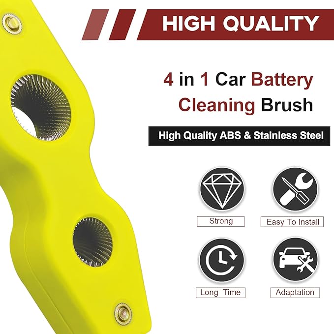 4 in 1 Car Battery Terminal Cleaning Brush, Anti-Rust Auto Battery Cleaner Brush Tool, Universal for Automotive and Marine for Plumbing Installation Soldering Brazing, Car Accessories (Yellow)