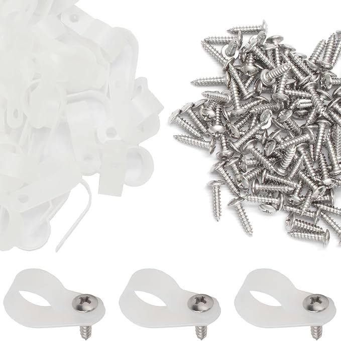 50 Pcs 5/8 Inch White Nylon Screw Mounting R-type Cable Clip Wire Clamp, 16mm Cable Clip Wire Clamp for Wire Management, Stainless Steel Screws Included