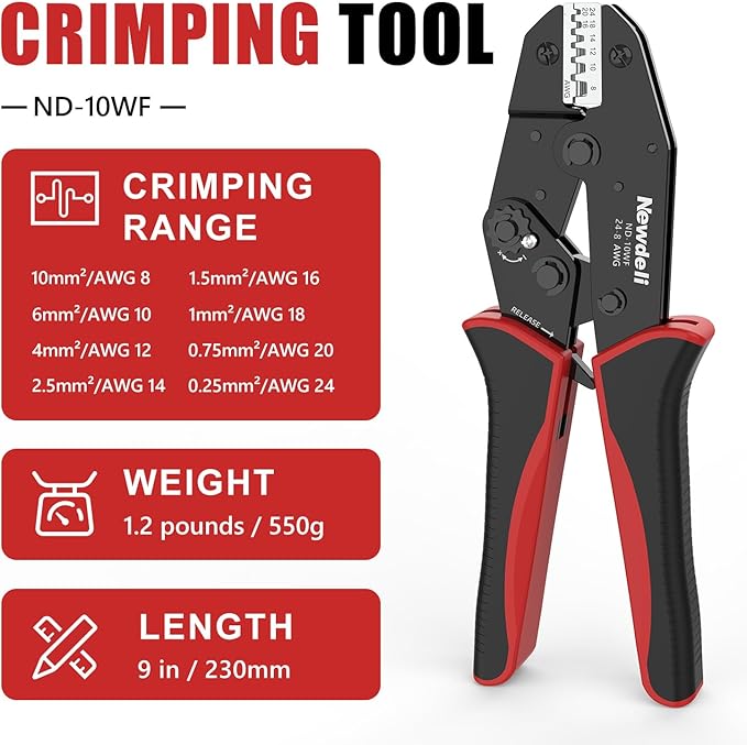 Newdeli Ferrule Crimping Tool 24-8 AWG Wire Ferrule Crimper - Ratchet Wire Crimper Tool for Ferrule Connectors Electrical Wire Terminals Ratcheting Crimping Plier Crimp Tool