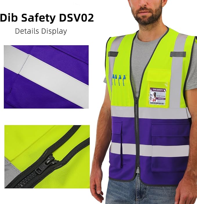Dib Safety Reflective Vest ANSI Class 2, High Visibility Vest with Pockets and Zipper, Construction Work, Hi Vis