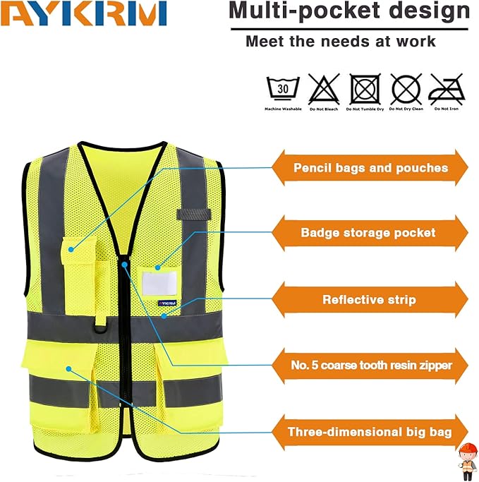 A-SAFETY High Visibility Mesh Safety Reflective Vest with Pockets and Zipper,Hi Vis Viz Reflective Safety Vest(Yellow Mesh 4XL-5XL)