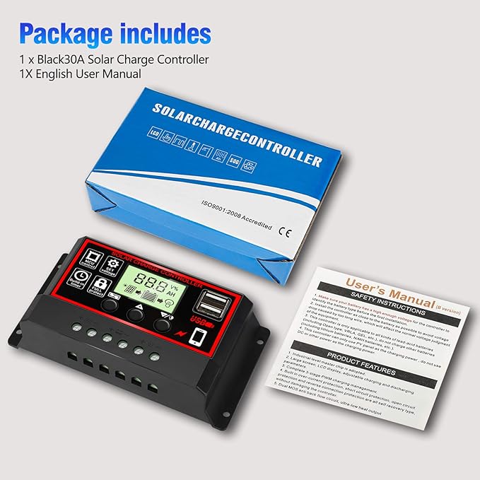 [Upgraded] 30A Solar Charge Controller, Black Solar Panel Battery Intelligent Regulator with Dual USB Port 12V/24V PWM Auto Paremeter Adjustable LCD Display (30a)