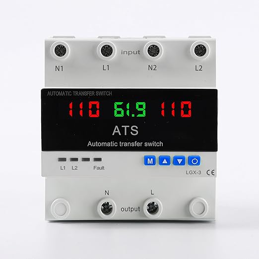 2P Automatic Transfer Switch with LCD Display, 63A 110V Double Power ATS with 3 Digital Displays for Input Real-Time Volrage/Current Monitoring, Automatic Changeover for Utility/Generator/Solar