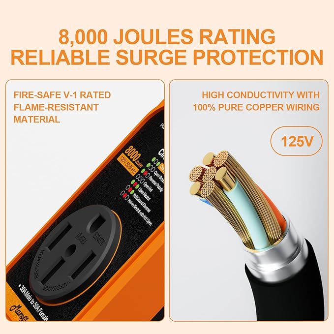 Marsflex Rv Surge Protector, 15 Amp to 50 Amp Rv Circuit Analyzer,8000 Joules Surge Protection with Waterproof Cover, 5-15P Male to TT-50R Female Plug, for rvs Camper, Travel Trailers, Orange