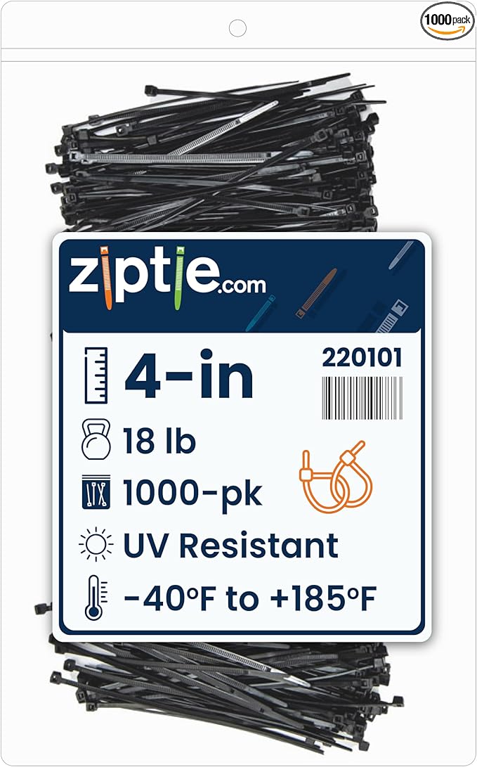 ZipTie.com 4-inch UV Resistant Black Multi-Purpose Cable Tie, 18-lb Tensile Strength, UL 21 Listed, 1,000-Pack
