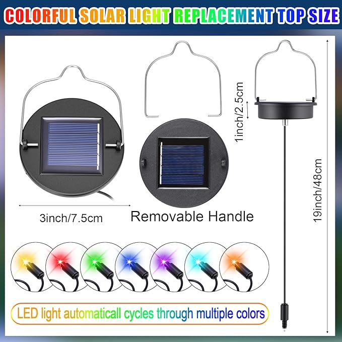 Kingdder 6 Pack Solar Light Replacement Top, 3 Inch Solar Lantern Replacement Lid with 600mah Rechargeable Battery, Waterproof Hanging Lamp Parts for Outdoor Patio Garden (Colorful Lights)