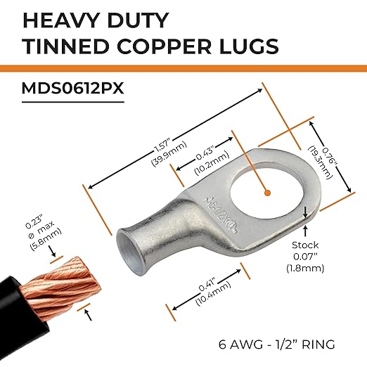 6 AWG (6 Gauge) 1/2" Stud, Tinned Copper Battery Cable Ends, Wire Lugs, Marine Grade, MD0612PX