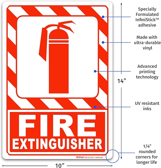 Brimar - 10 x 14" - Fire Extinguisher Sign - 3.5 Mil InfiniStick™ Vinyl Label - Bold Text And Symbol - High Visibility