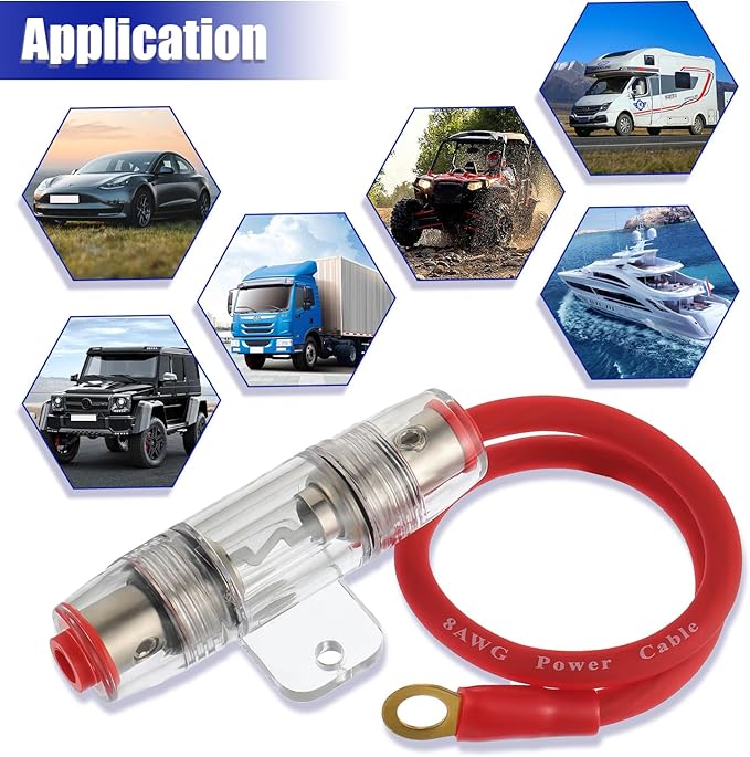 BOJACK 8 Gauge AWG 1ft Power Wire with 50 Amp AGU Fuse Holder for Car Audio, Alarm, Amplifier, Compressors, Waterproof Inline Fuse Holder 50A（Pack of 2）