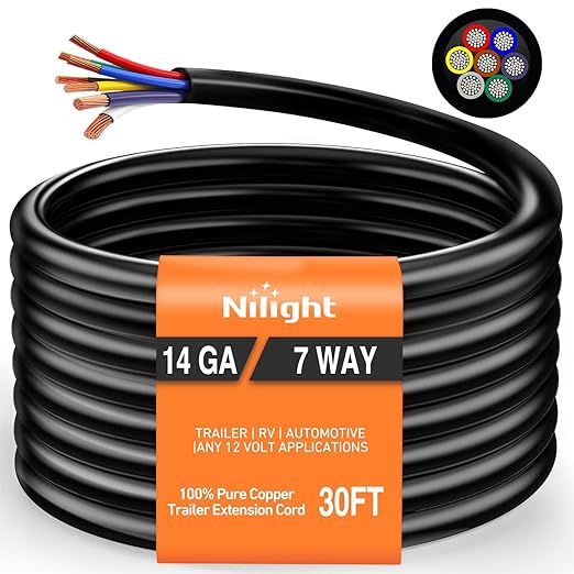 Nilight 30 Feet 7 Way Trailer Extension Cable Traditional SAE 14 Gauge 7 Conductor 100% Pure Copper Wire Insulated Heavy Duty Cord Weatherproof for 7 Pin Blade RV Automotive